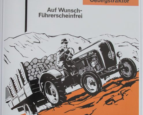 Werbung für Führerscheinfreie Traktoren im Gebirge von Porsche 